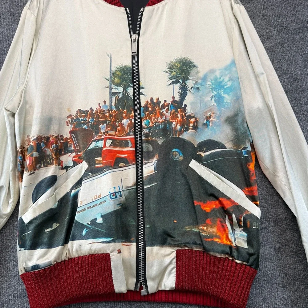 Palm Angels Riot Souvenir Bomber Jacket Mens 50 US Large Cream Graphic Car Crash
